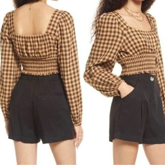 BP Dreamy · Junior 3X · Smocked Long Sleeve Crop · Plaid Tan-Black · Square Neck - Picture 1 of 14